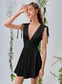 SHEIN MOD Solid Deep V Neck Knotted Shoulder Ruched Satin Dress - Black - View 3