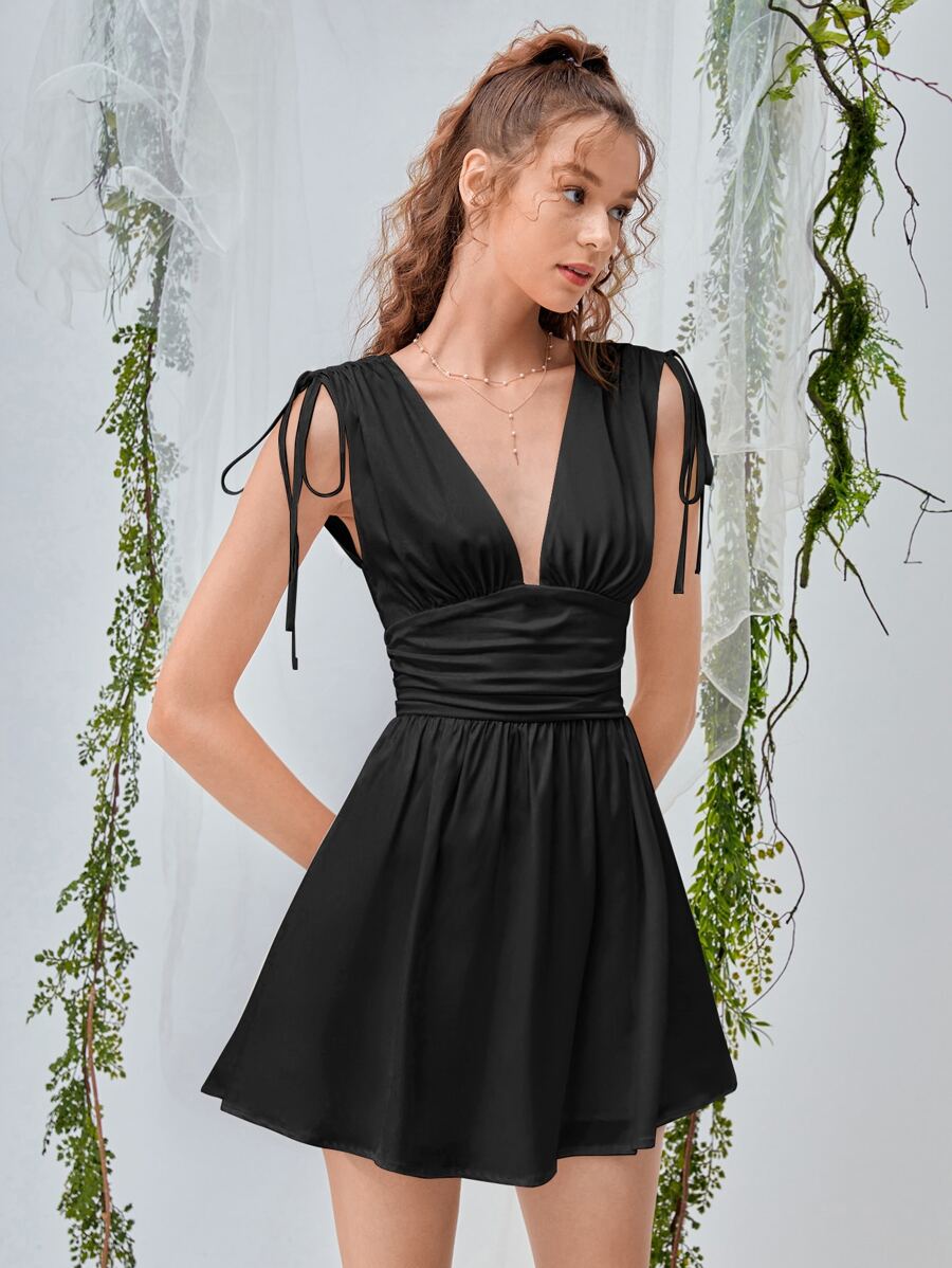 SHEIN MOD Solid Deep V Neck Knotted Shoulder Ruched Satin Dress - Black - View 1