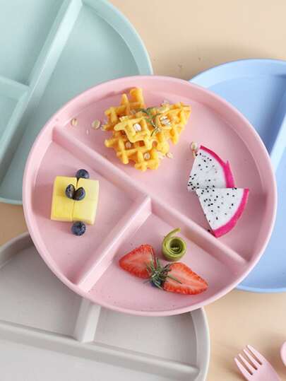 1pc 3 Grid Random Color Plate, Plain Compartment Plate For Dining