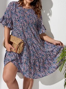 SHEIN LUNE Plus Ditsy Floral Flounce Sleeve Dress - Multicolor - View 1
