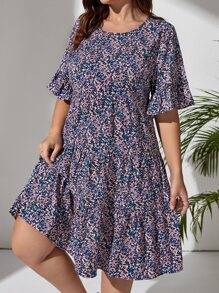 SHEIN LUNE Plus Ditsy Floral Flounce Sleeve Dress - Multicolor - View 3
