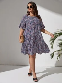 SHEIN LUNE Plus Ditsy Floral Flounce Sleeve Dress - Multicolor - View 4