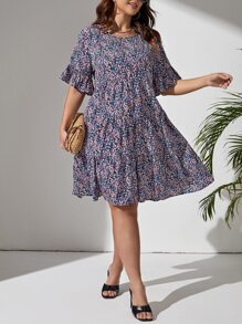 SHEIN LUNE Plus Ditsy Floral Flounce Sleeve Dress - Multicolor - View 5