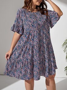 SHEIN LUNE Plus Ditsy Floral Flounce Sleeve Dress - Multicolor - View 6