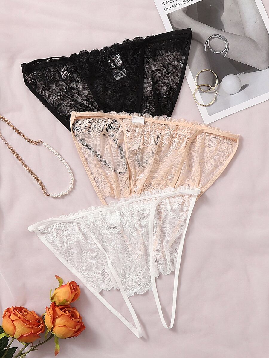 Plus 3pack Floral Lace Crotchless Panty - Multicolor - View 1