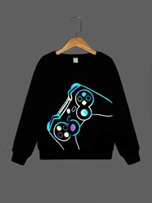 SHEIN Boys Reflective Gamepad Print Pullover - Black - View 1