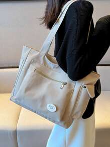 1pc Solid Color Composite Fabric Minimalist Ins Style Multi-Zipper Pocket Water-Resistant Large Capacity Foldable Women's Work Bag, Suitable For Women's Daily Commute, Outdoor, Shopping, Travel, Holiday, Student Simple Luggage Storage, Gift Idea