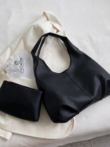 極簡單肩托特包附帶小口袋包 - 黑色 - 查看 5