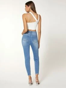 SHEINBlues High Waist Ripped Raw Cut Skinny Jeans - Medium Wash - View 2