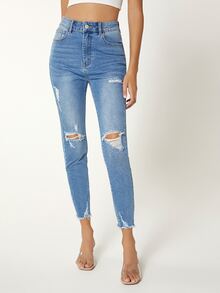 SHEINBlues High Waist Ripped Raw Cut Skinny Jeans - Medium Wash - View 5