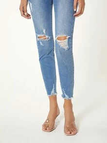 SHEINBlues High Waist Ripped Raw Cut Skinny Jeans - Medium Wash - View 6