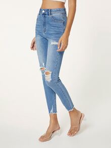 SHEINBlues High Waist Ripped Raw Cut Skinny Jeans - Medium Wash - View 4