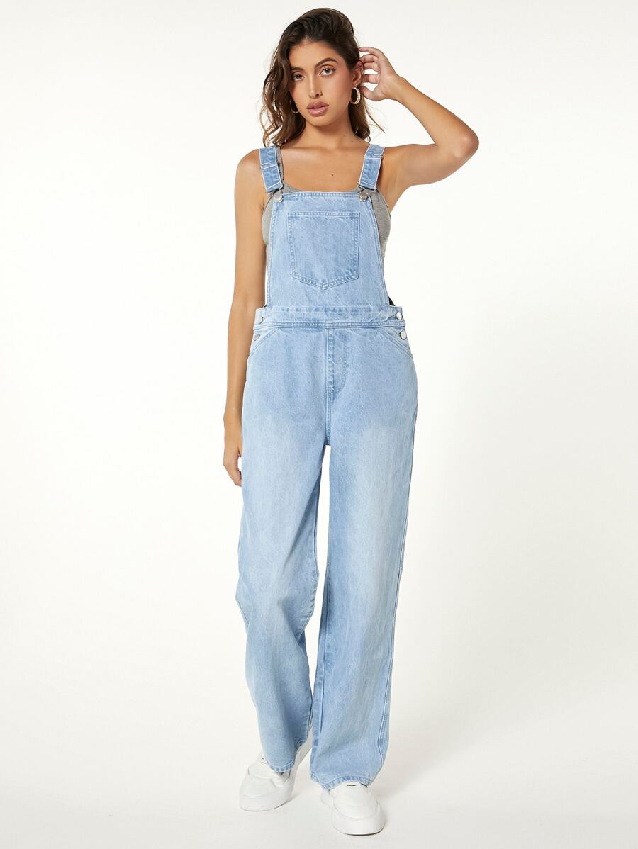 SHEINBlues Pocket Patched Denim Dungarees Without Cami Top - Light Wash - View 1