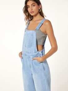 SHEINBlues Pocket Patched Denim Dungarees Without Cami Top - Light Wash - View 7