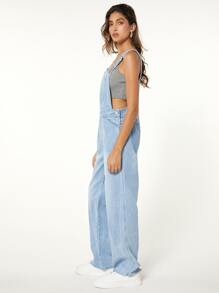 SHEINBlues Pocket Patched Denim Dungarees Without Cami Top - Light Wash - View 8