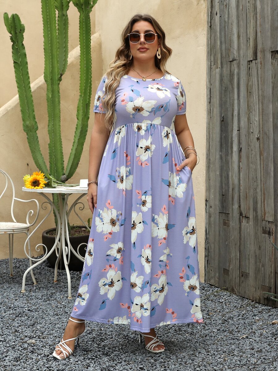 Nemidor Plus Size Boho Floral Print A-Line Dress, For Summer - Lilac Purple - View 1