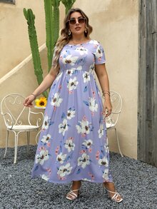 Nemidor Plus Size Boho Floral Print A-Line Dress, For Summer - Lilac Purple - View 3