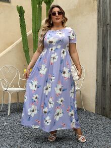 Nemidor Plus Size Boho Floral Print A-Line Dress, For Summer - Lilac Purple - View 4