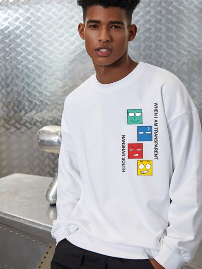 男士字母圖案落肩袖套頭衫