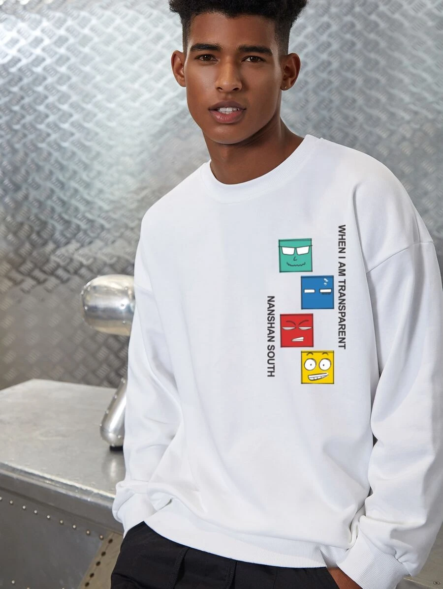 男士字母圖案落肩袖套頭衫 - 白色 - 查看 1