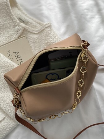 Faux Leather Flower & Letter Patch Decor Bucket Bag For Business/Commute/Work/Office