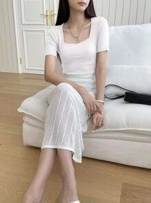 DAZY Square Neck Rib-knit Tee - White - View 4