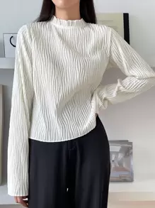 DAZY 荷叶边领口锁眼后背 T 恤，秋季服装长袖女式上衣 - 米色 - 查看 3