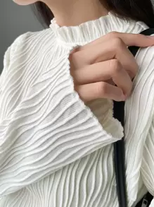 DAZY 荷叶边领口锁眼后背 T 恤，秋季服装长袖女式上衣 - 米色 - 查看 4