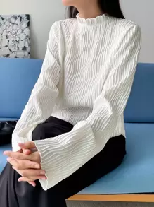 DAZY 荷叶边领口锁眼后背 T 恤，秋季服装长袖女式上衣 - 米色 - 查看 8