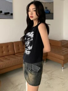 DAZY 夏季图案印花背心 - 黑色 - 查看 3