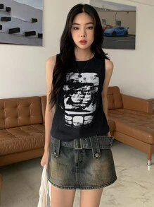 DAZY 夏季图案印花背心 - 黑色 - 查看 4