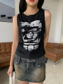 DAZY 夏季图案印花背心 - 黑色 - 查看 5