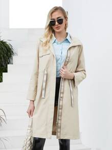 Letter Tape Flap Detail Zip Up Coat - Khaki - View 1