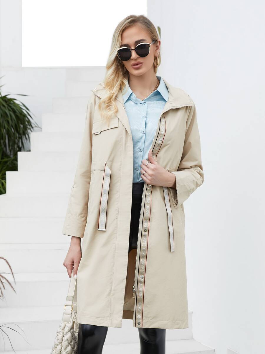 Letter Tape Flap Detail Zip Up Coat - Khaki - View 1