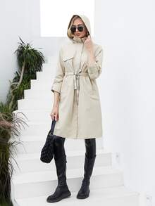 Letter Tape Flap Detail Zip Up Coat - Khaki - View 3