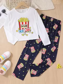 Girls 1pc Popcorn & Letter Graphic Sleep Top & 1pc Sleep Trousers - Blue and White - View 1