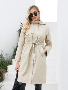 Letter Tape Flap Detail Zip Up Coat - Khaki - View 4