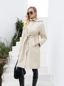 Letter Tape Flap Detail Zip Up Coat - Khaki - View 5