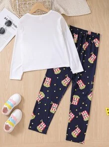 Girls 1pc Popcorn & Letter Graphic Sleep Top & 1pc Sleep Trousers - Blue and White - View 2