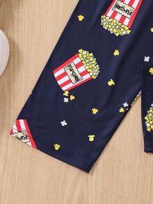 Girls 1pc Popcorn & Letter Graphic Sleep Top & 1pc Sleep Trousers - Blue and White - View 4