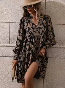 SHEIN LUNE Allover Print Lantern Sleeve Ruffle Hem Smock Dress - Multicolor - View 4