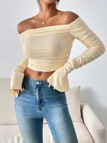 SHEIN Privé Áo nữ Xù Chia màu trơn Thanh lịch - Màu be - Xem 5