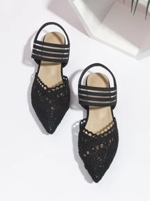 elegante negro Zapatillas con tira tobillera para ribete en abanico con encaje Zapatillas planas - Negro - Ver 3