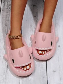 女士鯊魚設計拖鞋,學院露趾平底涼鞋適用於日常 - 粉色 - 查看 5