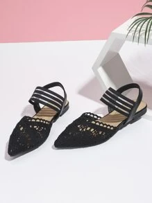 elegante negro Zapatillas con tira tobillera para ribete en abanico con encaje Zapatillas planas - Negro - Ver 1