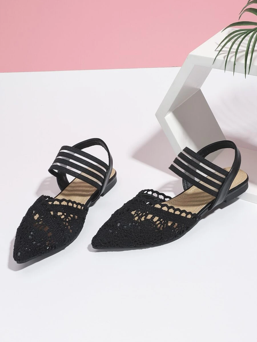 elegante negro Zapatillas con tira tobillera para ribete en abanico con encaje Zapatillas planas - Negro - Ver 1