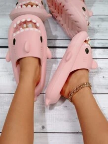 女士鯊魚設計拖鞋,學院露趾平底涼鞋適用於日常 - 粉色 - 查看 3