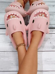 女士鯊魚設計拖鞋,學院露趾平底涼鞋適用於日常 - 粉色 - 查看 4