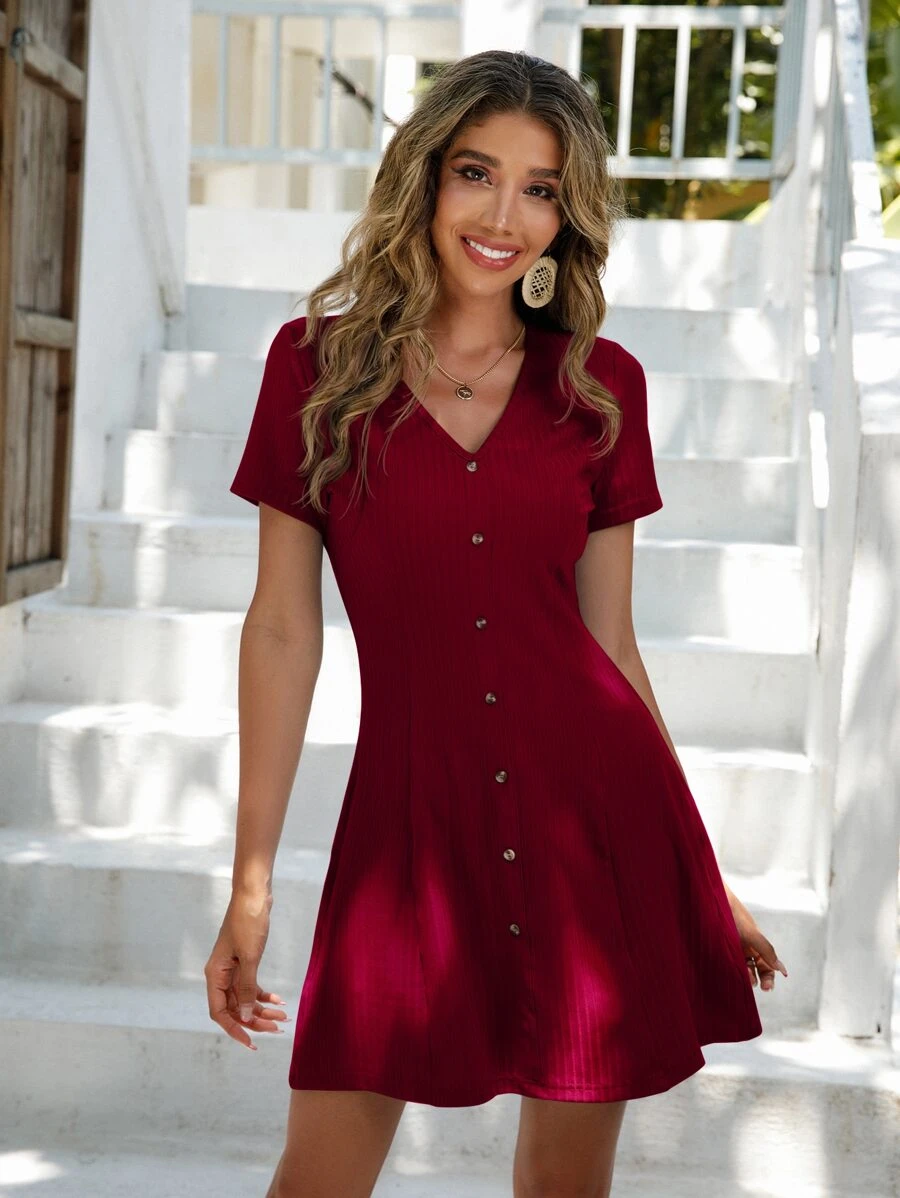 SHEIN Clasi V-neck Rib-knit Button Front Dress - Red - View 1