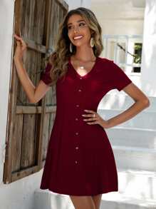 SHEIN Clasi V-neck Rib-knit Button Front Dress - Red - View 4